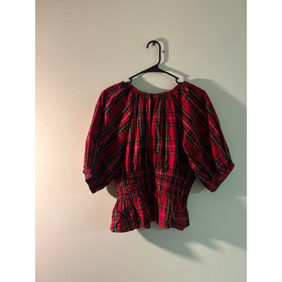Old Navy Red Plaid Holiday Ruffle Sleeve Top | Size L | Festive V-Neck Blouse - Picture 2 of 7